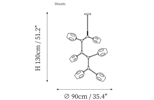 Dimension drawing of this Clérachic 6-head chandelier, with its 130 cm height and 90 cm width marked.
