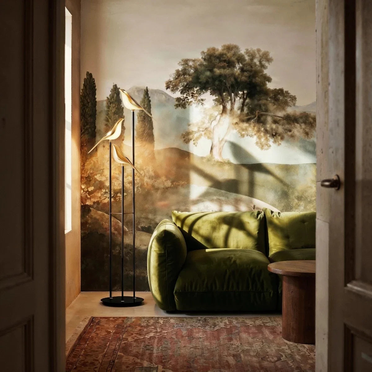 Clérachic three-head bird floor lamp beside a green velvet sofa, in front of a landscape mural