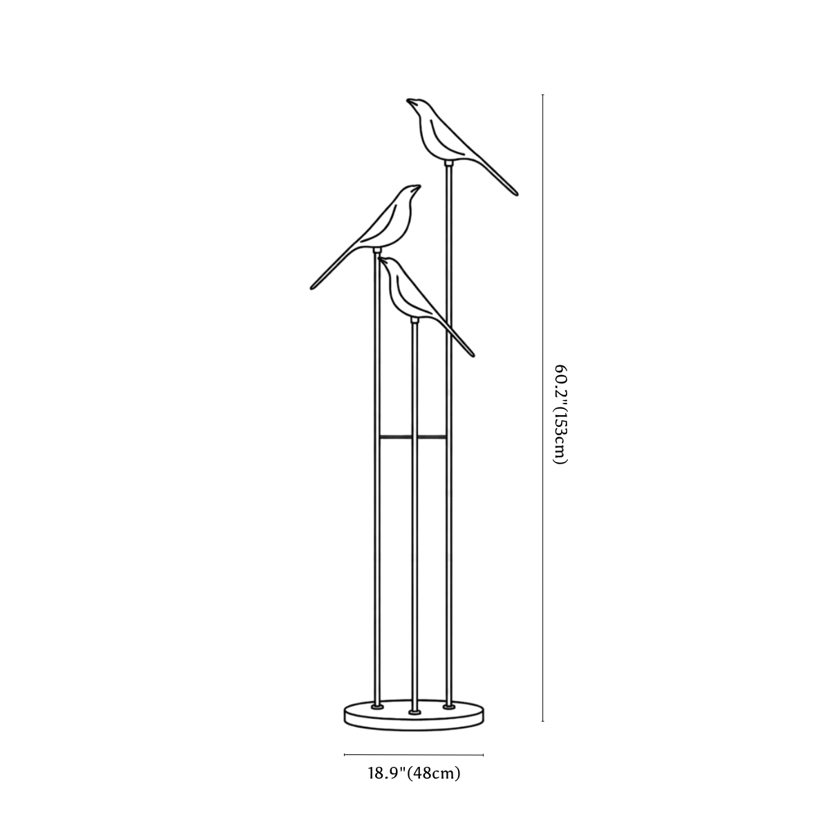Clérachic floor lamp dimension drawing, every measurement marked in centimetres and inches.