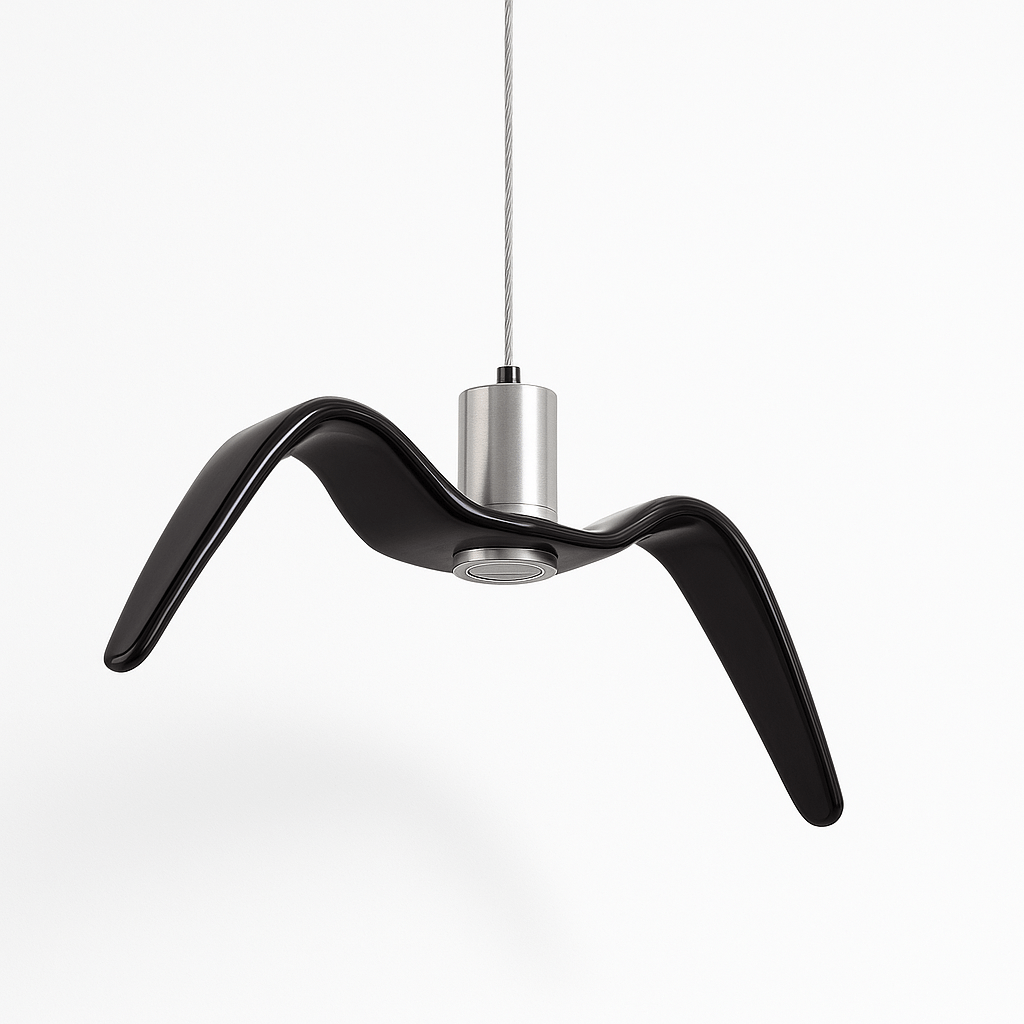 Clérachic gloss black gull-winged resin pendant on a braided steel cord, with a brushed aluminium cylinder, on a white ground.