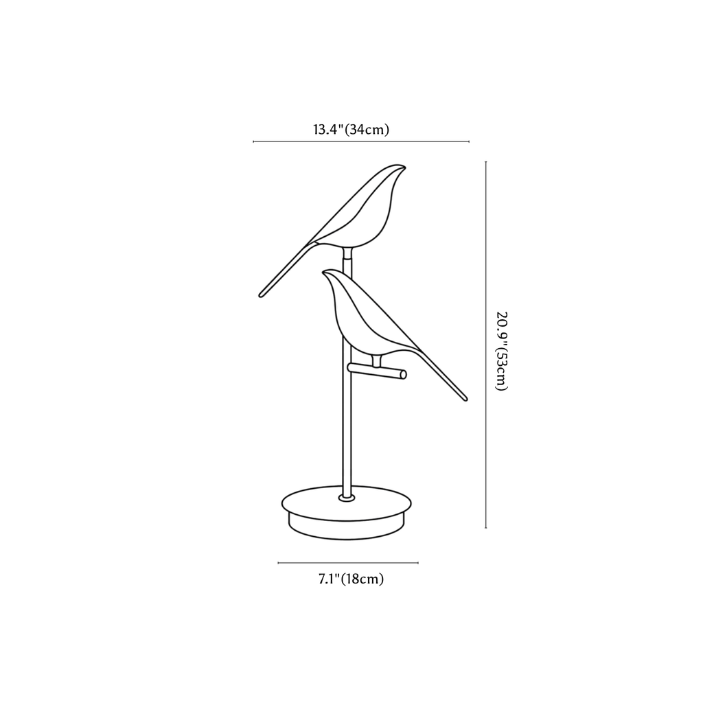 Clérachic table lamp dimension drawing, 2 heads, every measurement marked in centimetres and inches.
