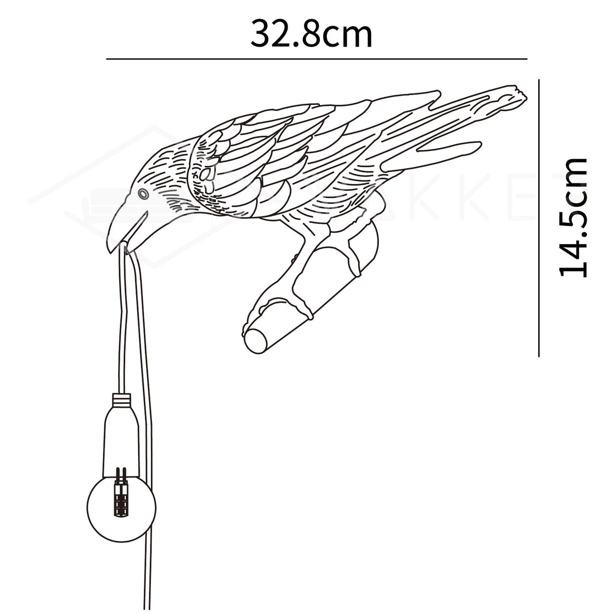 Dimension drawing of the bird wall light, in outline against white.