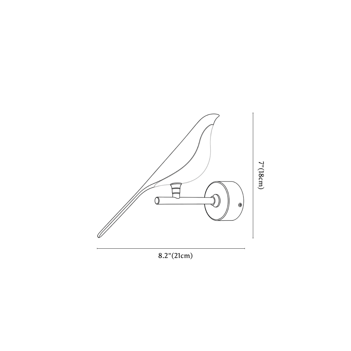 Clérachic wall light dimension drawing, 1 of 2, every measurement marked in centimetres and inches.