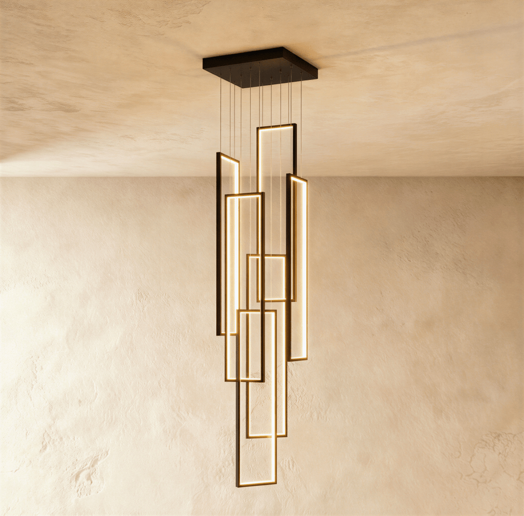 Clérachic black stairwell chandelier with six slim LED frames at staggered heights, hung from a square canopy on a plaster wall.