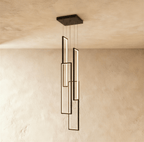Clérachic black stairwell chandelier with three slim rectangular LED frames at staggered heights from a square canopy.