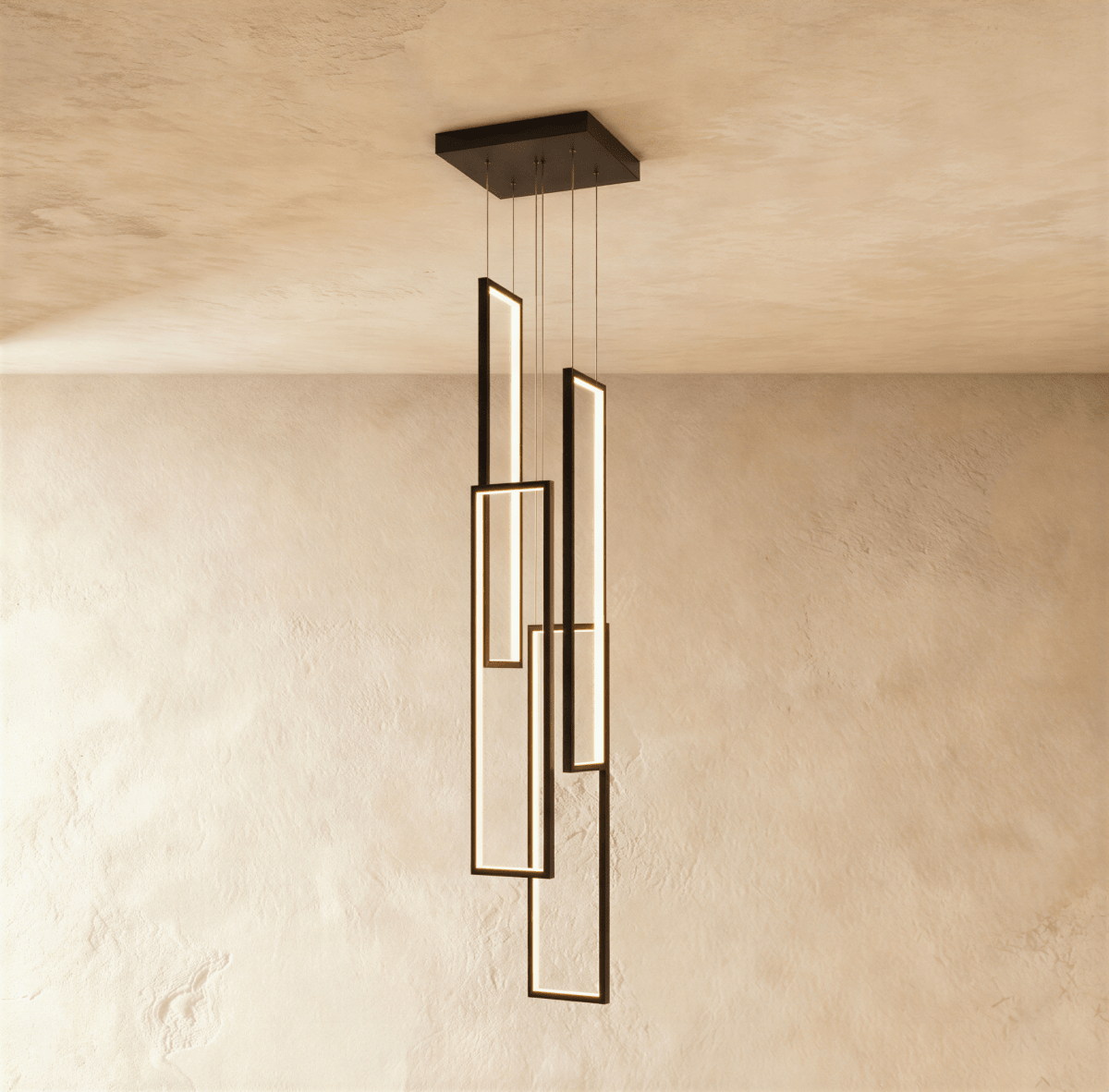 Clérachic black stairwell chandelier with three slim rectangular LED frames at staggered heights from a square canopy.