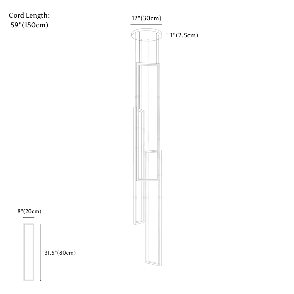 Clérachic chandelier dimension drawing, 3 Lights, every measurement marked in centimetres and inches.