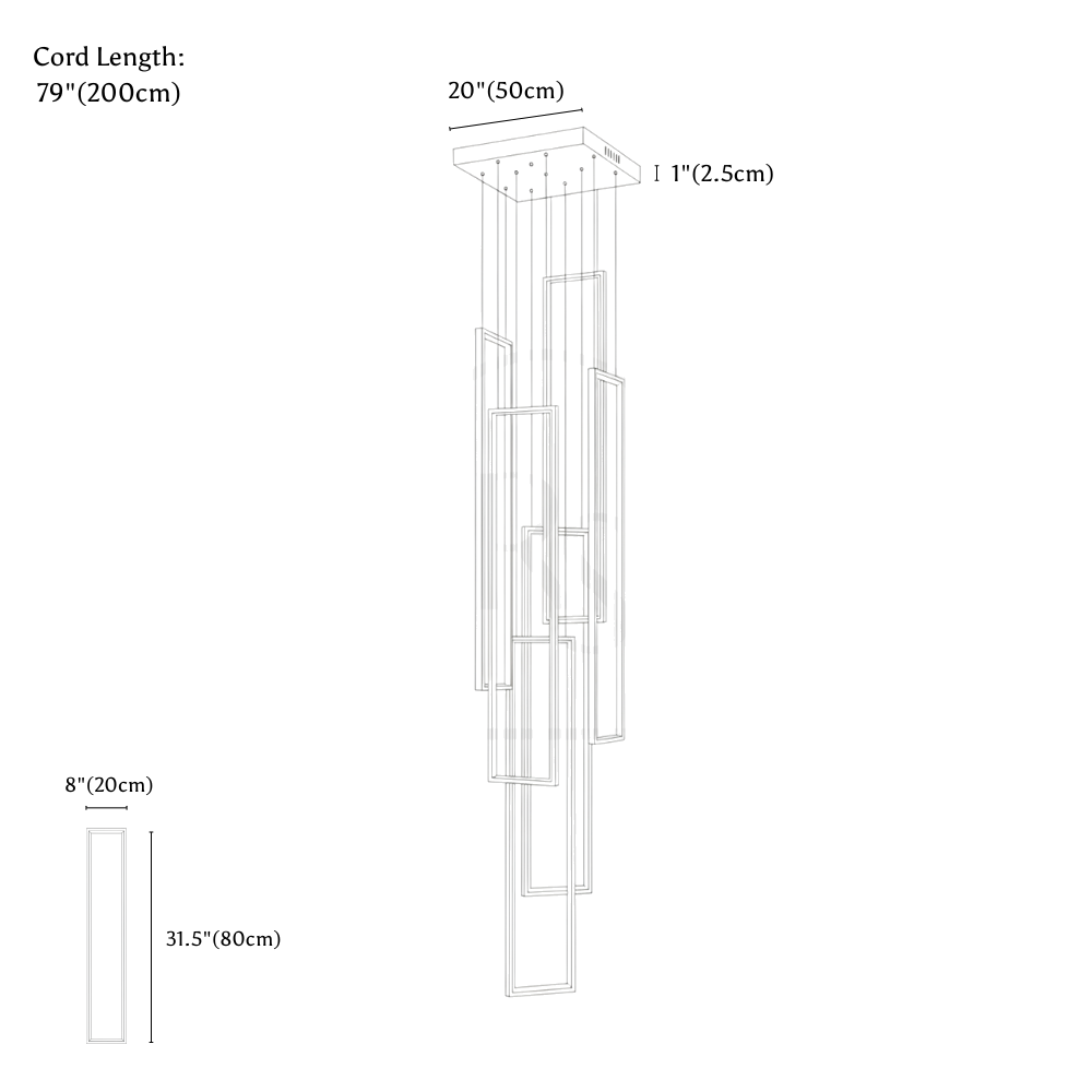 Clérachic chandelier dimension drawing, 6 Lights, every measurement marked in centimetres and inches.