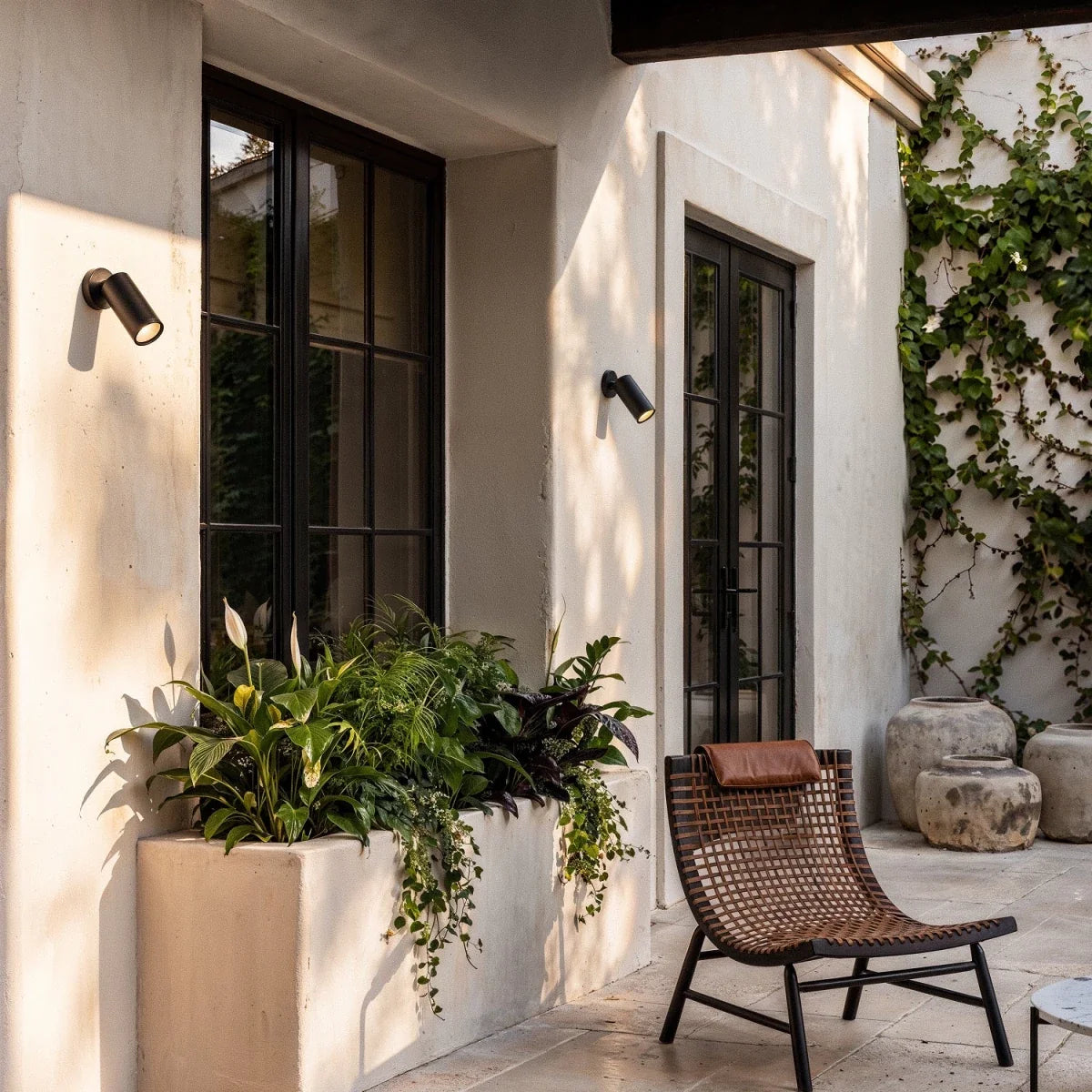 Two Clérachic black cylinder wall spotlights angled downward on a pale rendered wall beside black-framed glazing and green plants.