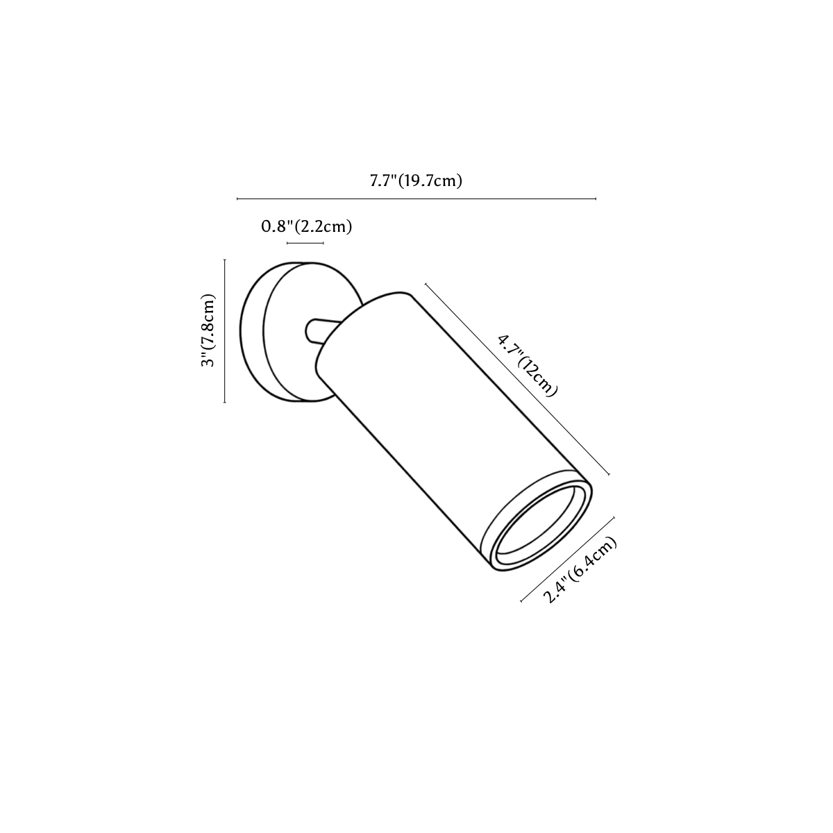 Clérachic wall light dimension drawing, every measurement marked in centimetres and inches.