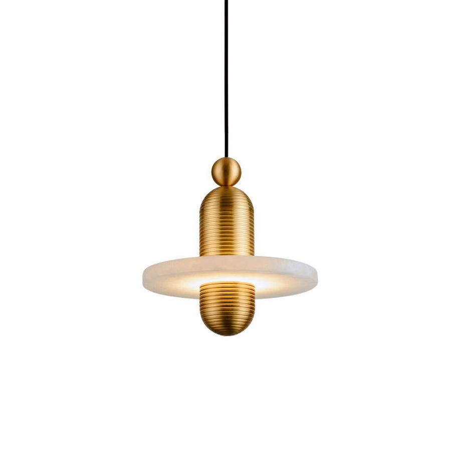 Clérachic gold-hardware pendant with one glowing alabaster disc through the ribbed capsule, straight-on on white.