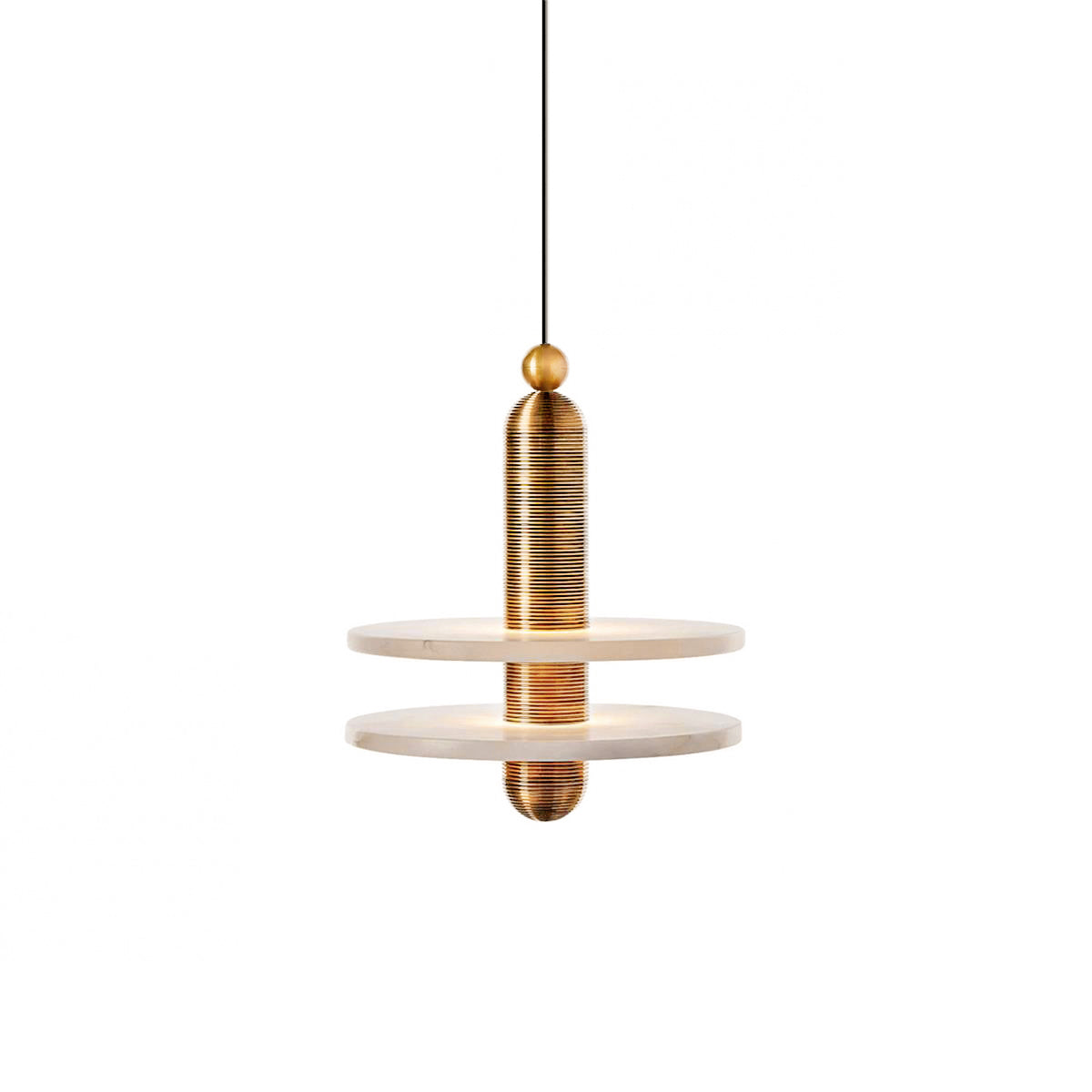 Clérachic gold double-disc pendant, stacked alabaster plates glowing on brushed gold hardware against white.