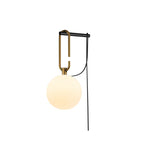 A Clérachic wall lamp with a creamy white globe, gold loop and black bar, with its cord running straight down, on white.