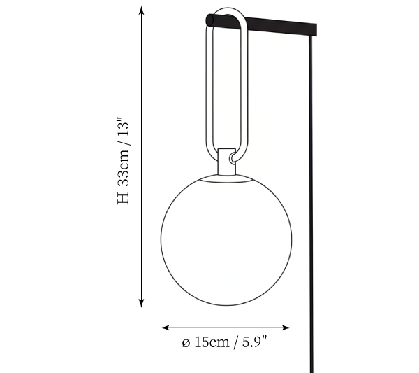 Clérachic wall light dimension drawing, every measurement marked in centimetres and inches.