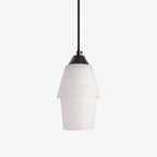 Clérachic Ostara Black and White Alabaster Pendant Light in studio, two-tier white cone and black cap on grey.