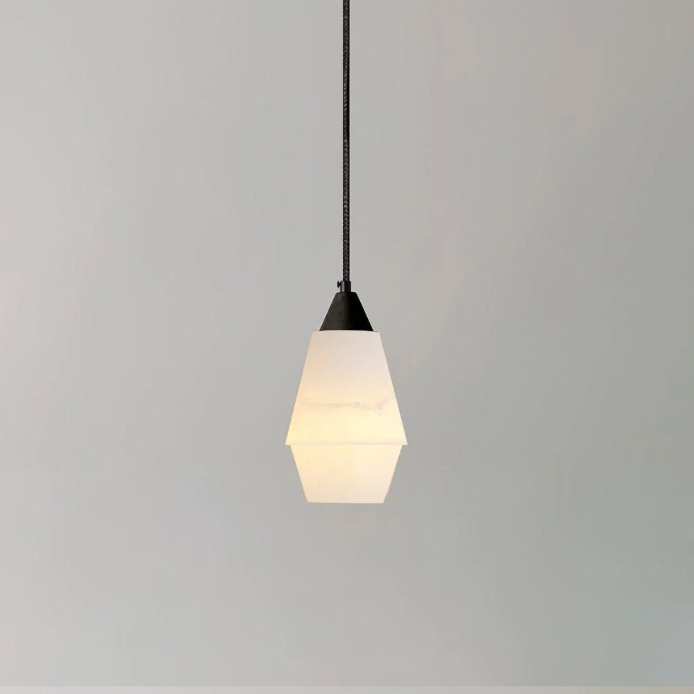 Clérachic Black and White Alabaster Pendant Light in a double-cone silhouette, white stone joined at a sharp waist.