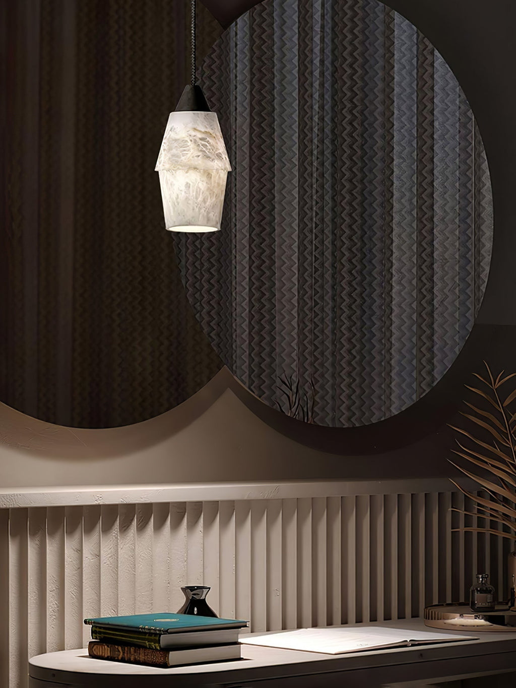 Clérachic Black and White Alabaster Pendant Light glows before paired round mirrors and ribbed wainscoting at a desk.