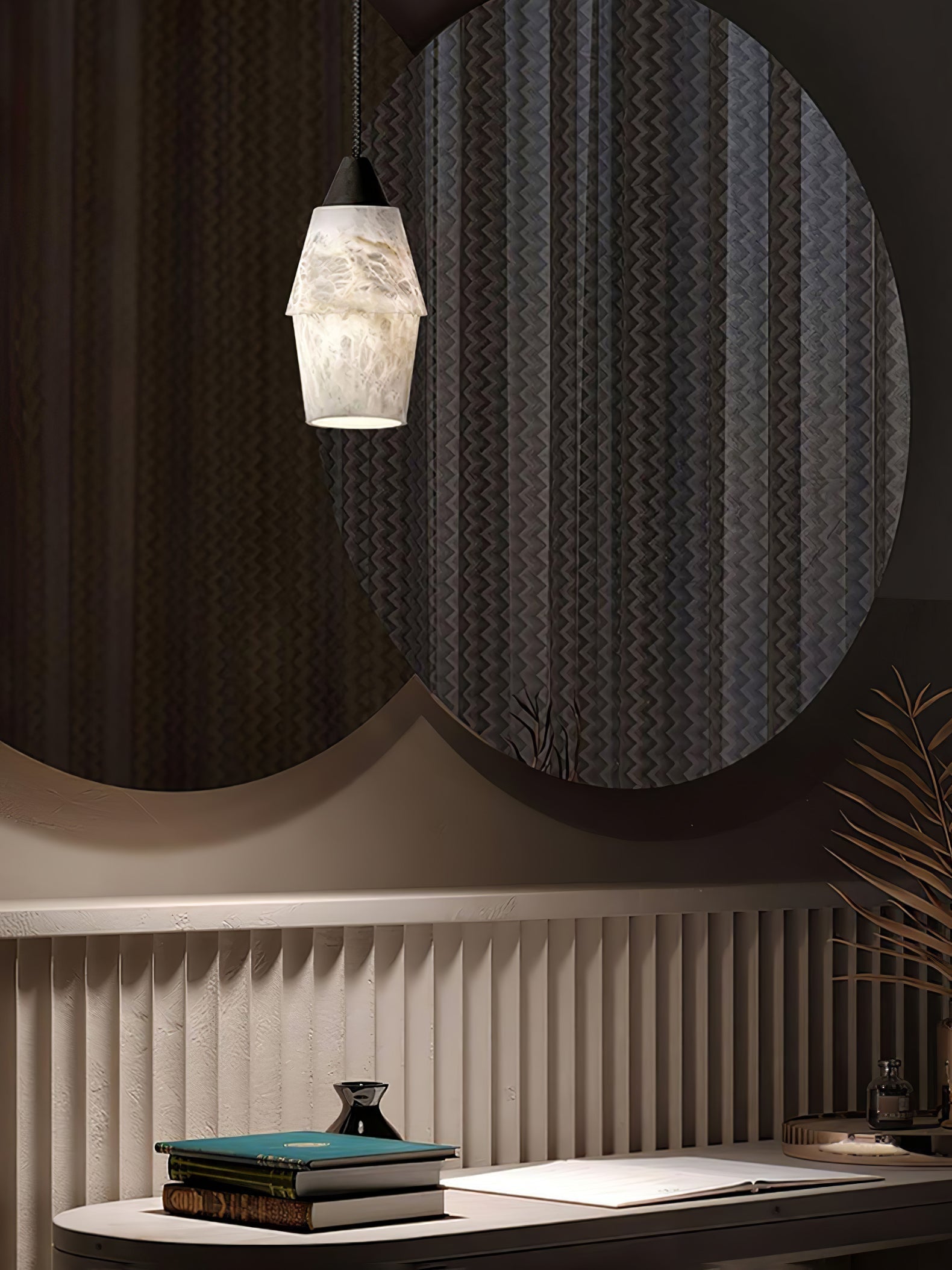 Clérachic Black and White Alabaster Pendant Light glows before paired round mirrors and ribbed wainscoting at a desk.
