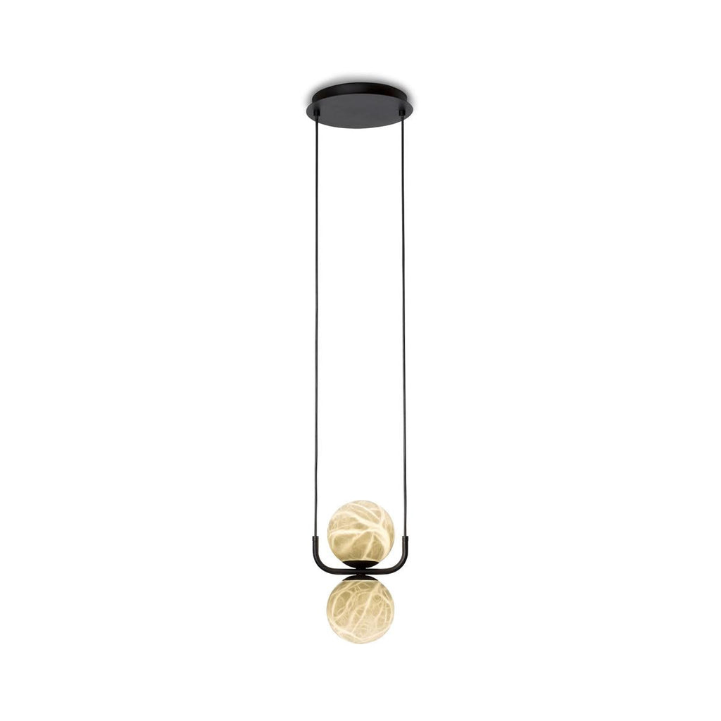 Clérachic bar pendant with two alabaster globes, one seated above the black bracket and one below, on a plain white ground.