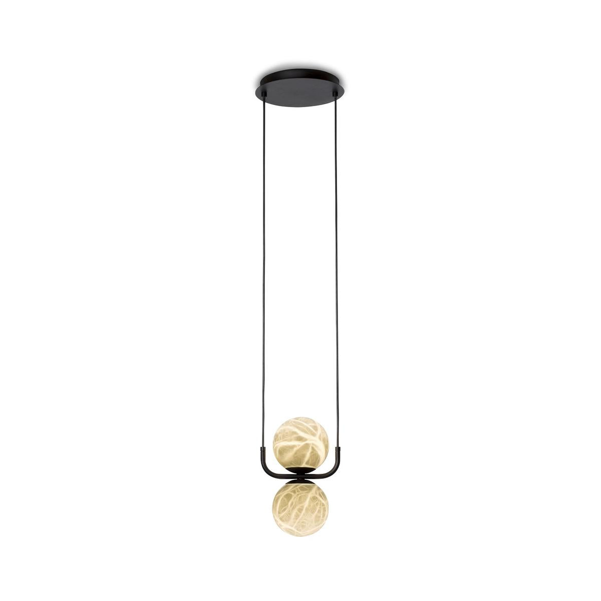 Clérachic bar pendant with two alabaster globes, one seated above the black bracket and one below, on a plain white ground.