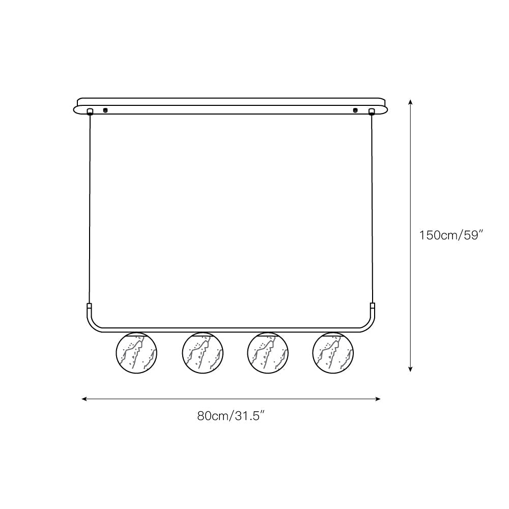 Dimension drawing for the Clérachic four-globe bar, 80cm/31.5″ wide with a 150cm/59″ overall drop.