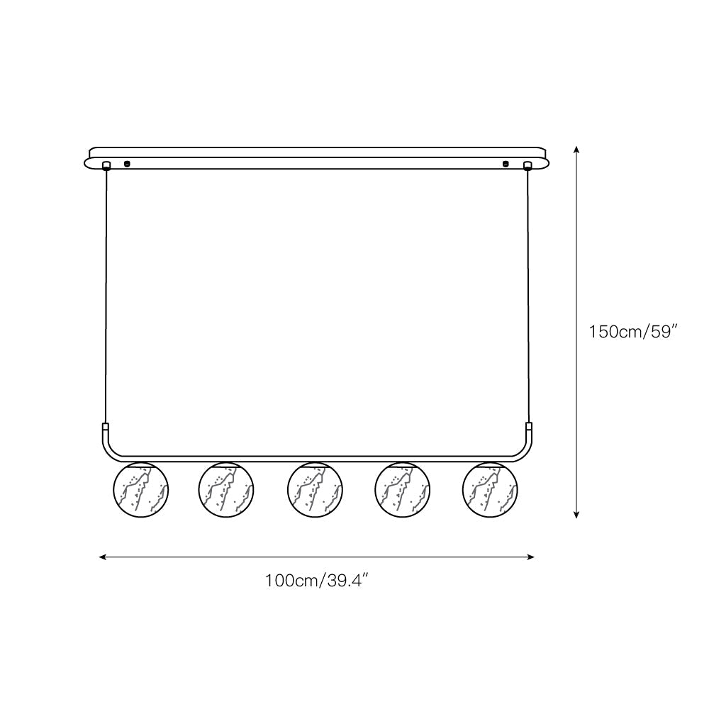 Dimension drawing for the Clérachic five-globe bar, 100cm/39.4″ wide with a 150cm/59″ overall drop.