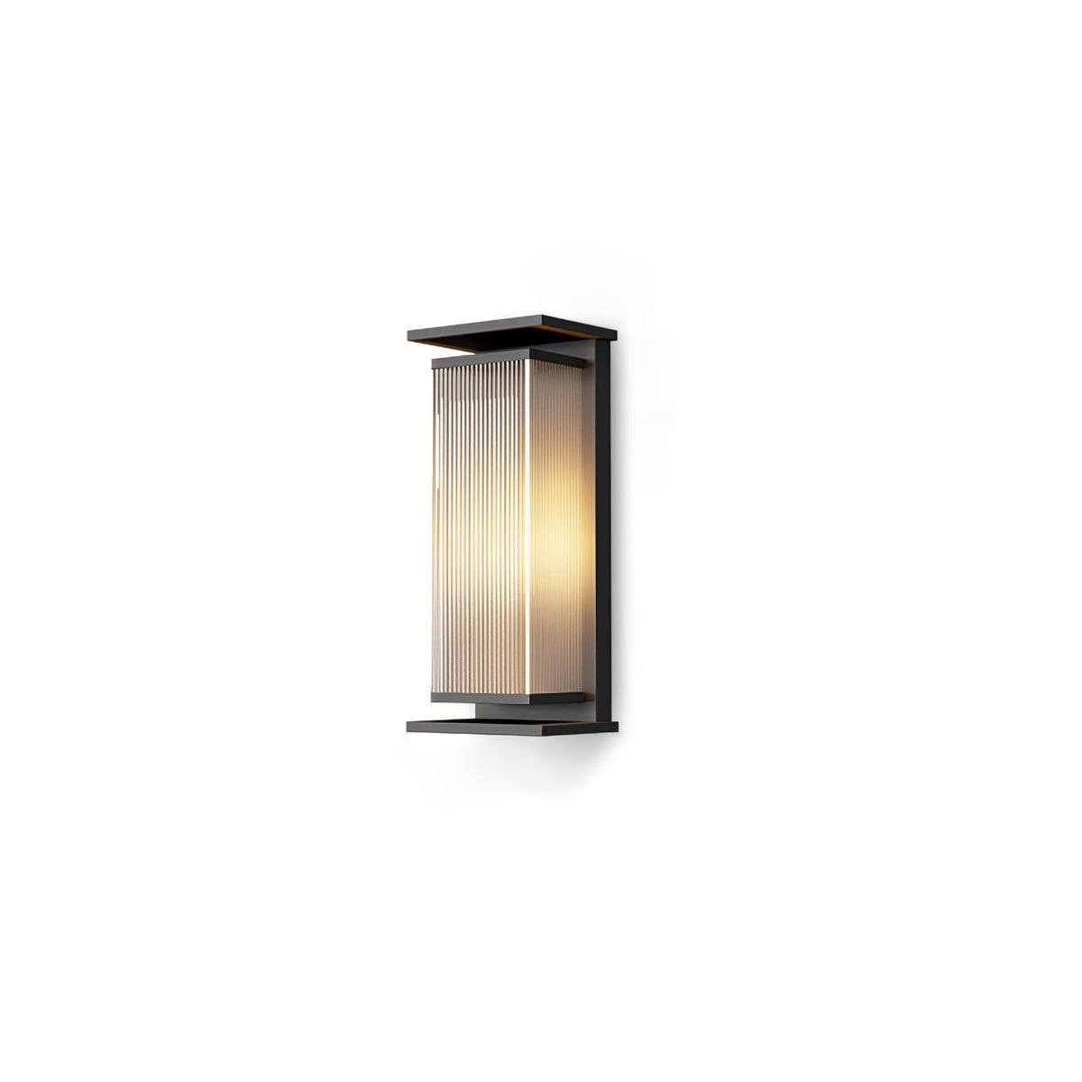 A short Clérachic wall light with a ribbed shade glowing white, in a black frame on a plain white backdrop.