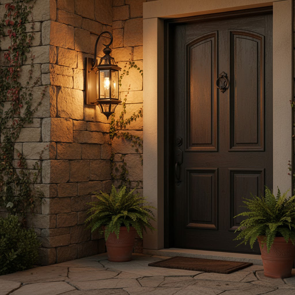 A Clérachic wall lantern lit beside a dark wooden front door, with stone cladding, climbing leaves and potted ferns.