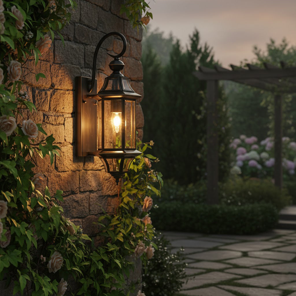 This Clérachic black wall lantern is lit on a stone wall wrapped in roses, with a garden pergola in the dusk behind.