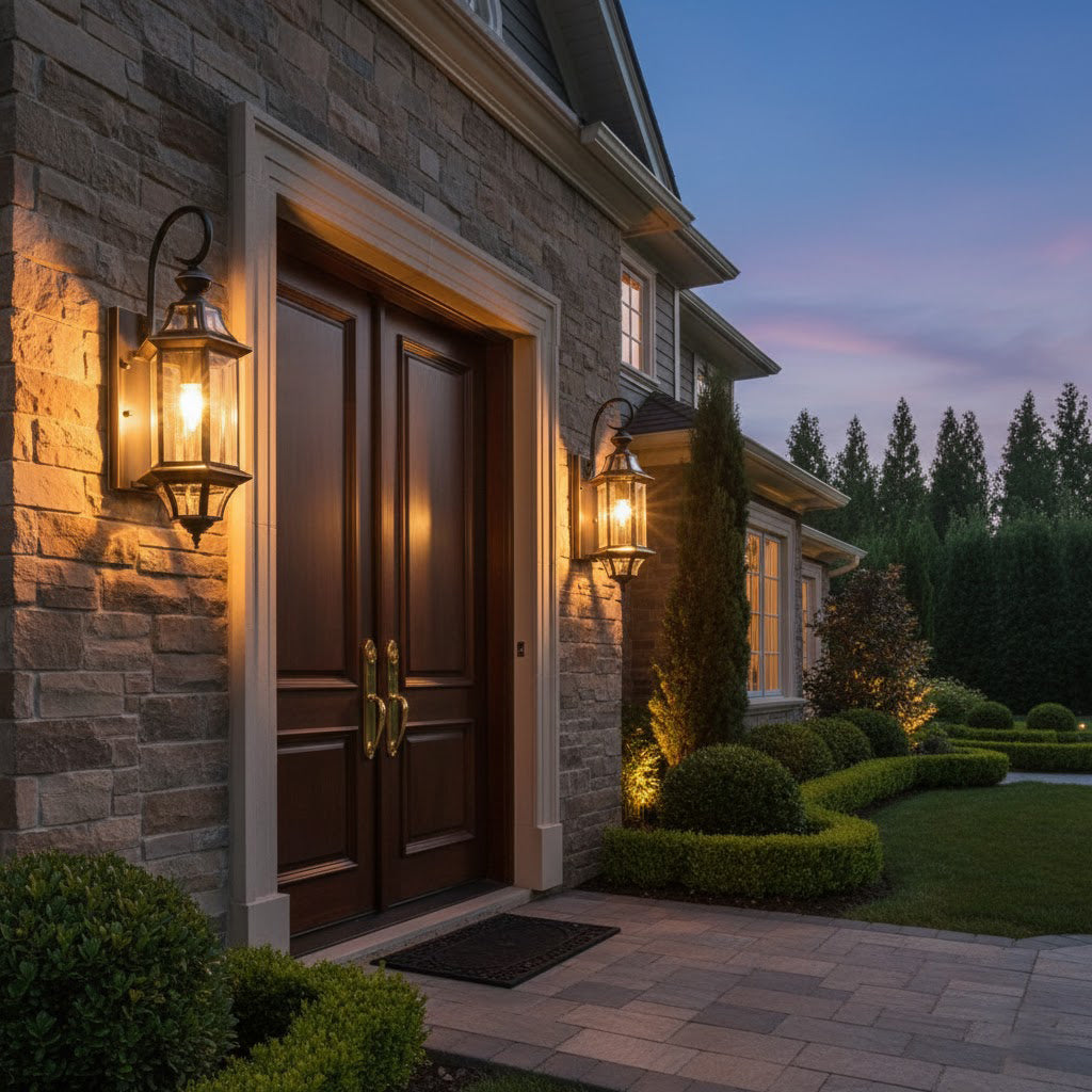 A pair of Clérachic wall lanterns lit at dusk beside a double wooden front door, on a stone-clad house front.
