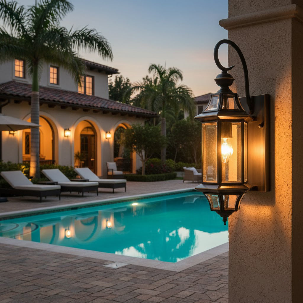A Clérachic outdoor wall lantern on a rendered pillar at dusk, with a lit pool and palm trees behind.