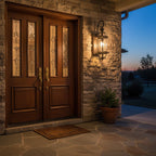 A Clérachic outdoor wall lantern glows on a stone wall next to a double front door with leaded glass panels.