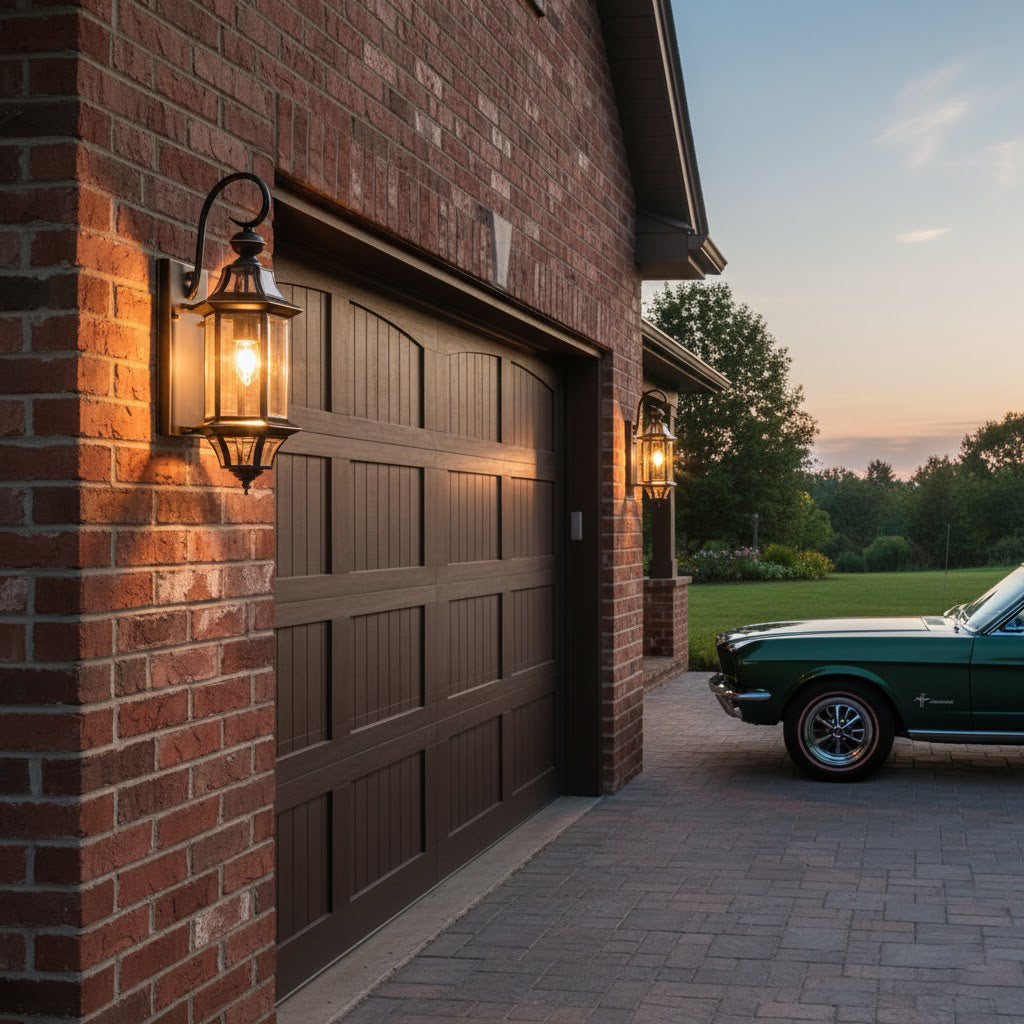Two Clérachic wall lanterns lit either side of a brown garage door on a red brick wall, with a green car parked outside.