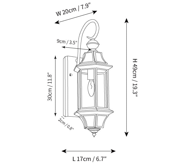 Clérachic wall light dimension drawing, 1 of 2, every measurement marked in centimetres and inches.