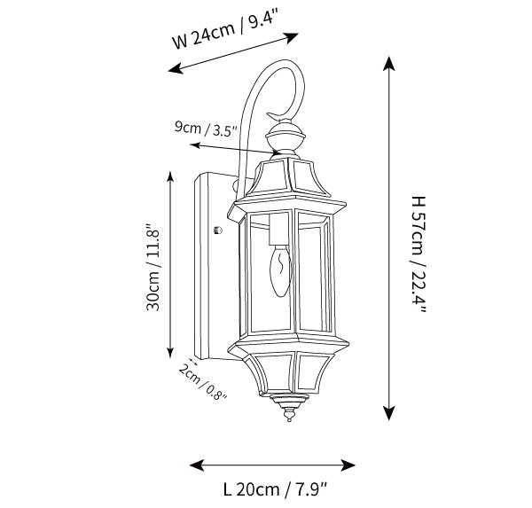 Clérachic wall light dimension drawing, 2 of 2, every measurement marked in centimetres and inches.