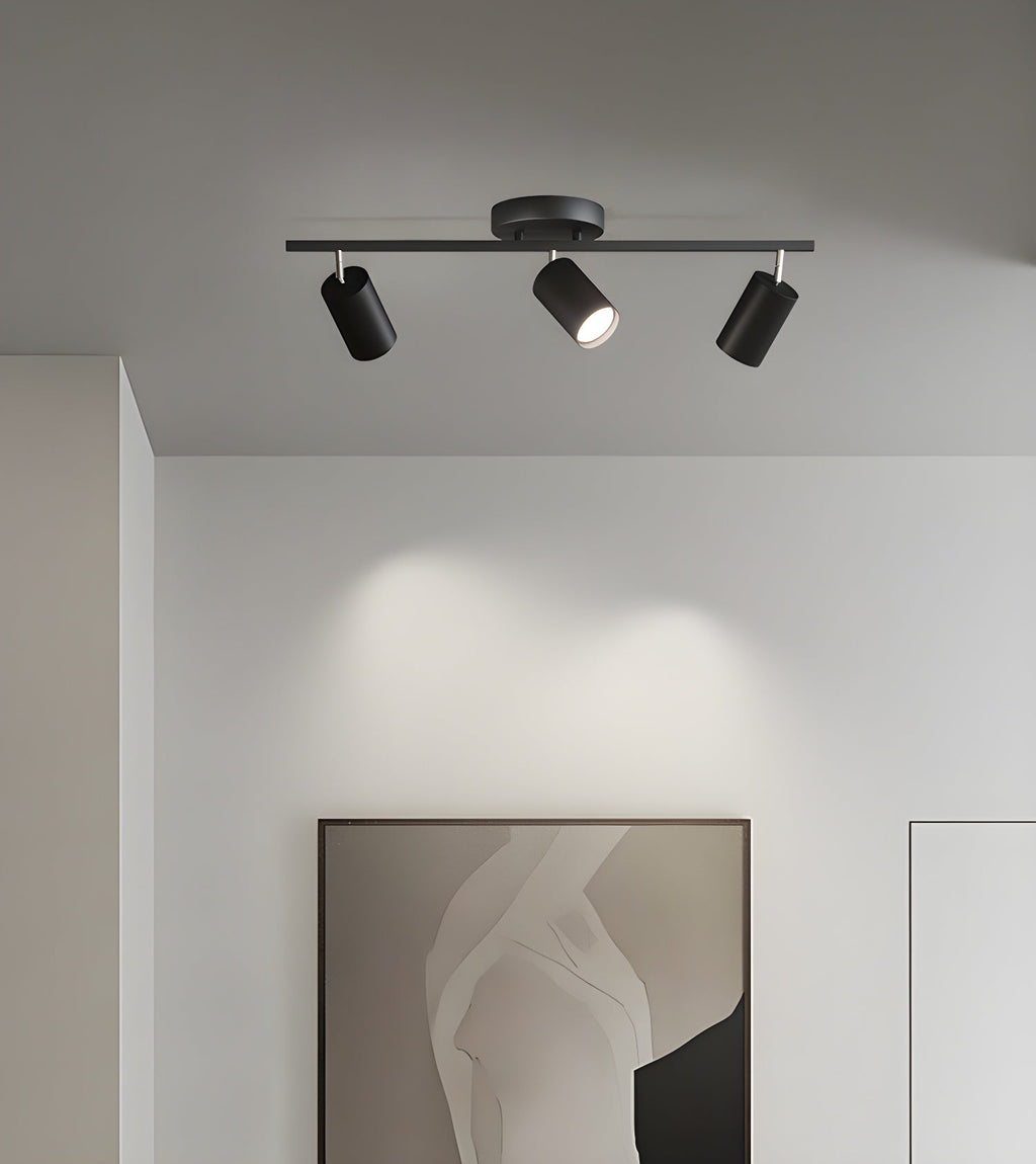 A black Clérachic three-head track light on a white ceiling washes the wall with light above a framed monochrome print.