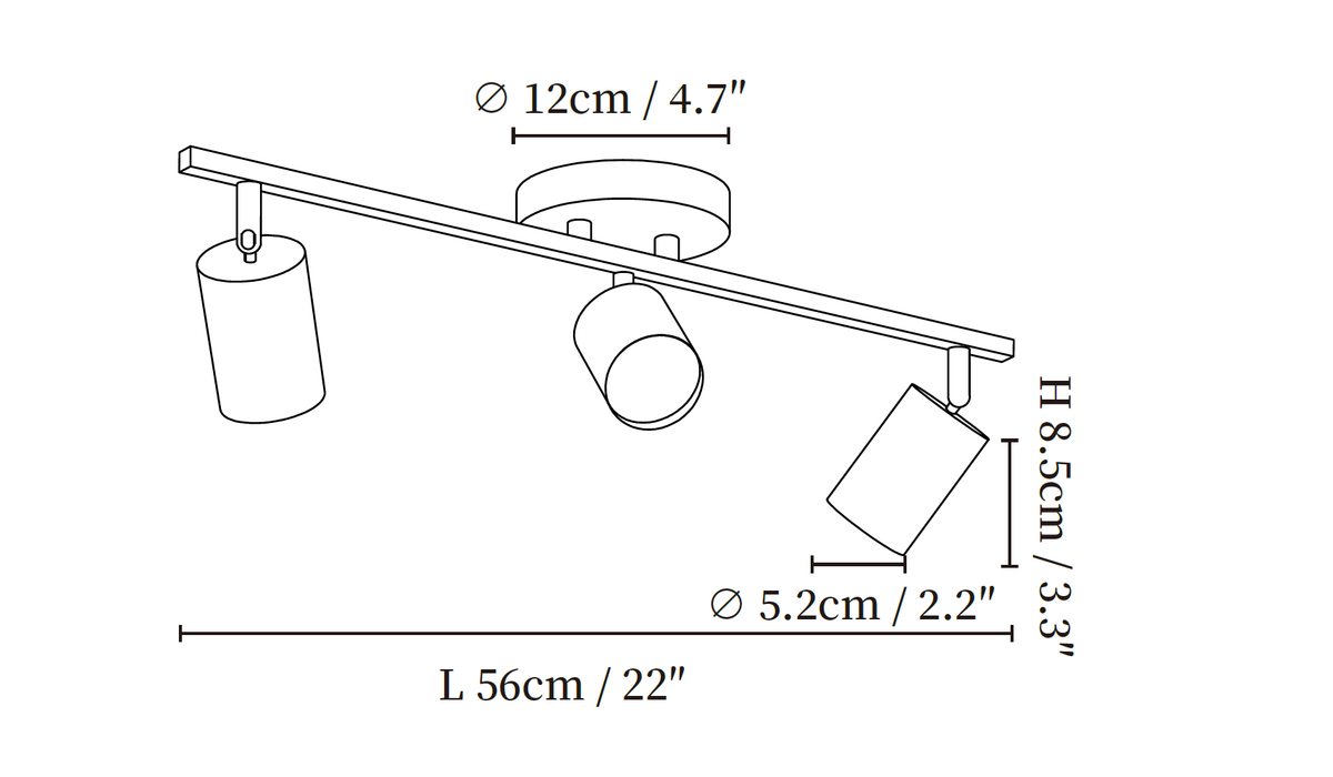 Clérachic ceiling light dimension drawing, 1 of 3, every measurement marked in centimetres and inches.