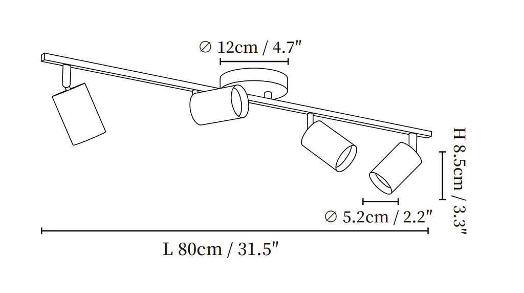 Clérachic ceiling light dimension drawing, 2 of 3, every measurement marked in centimetres and inches.