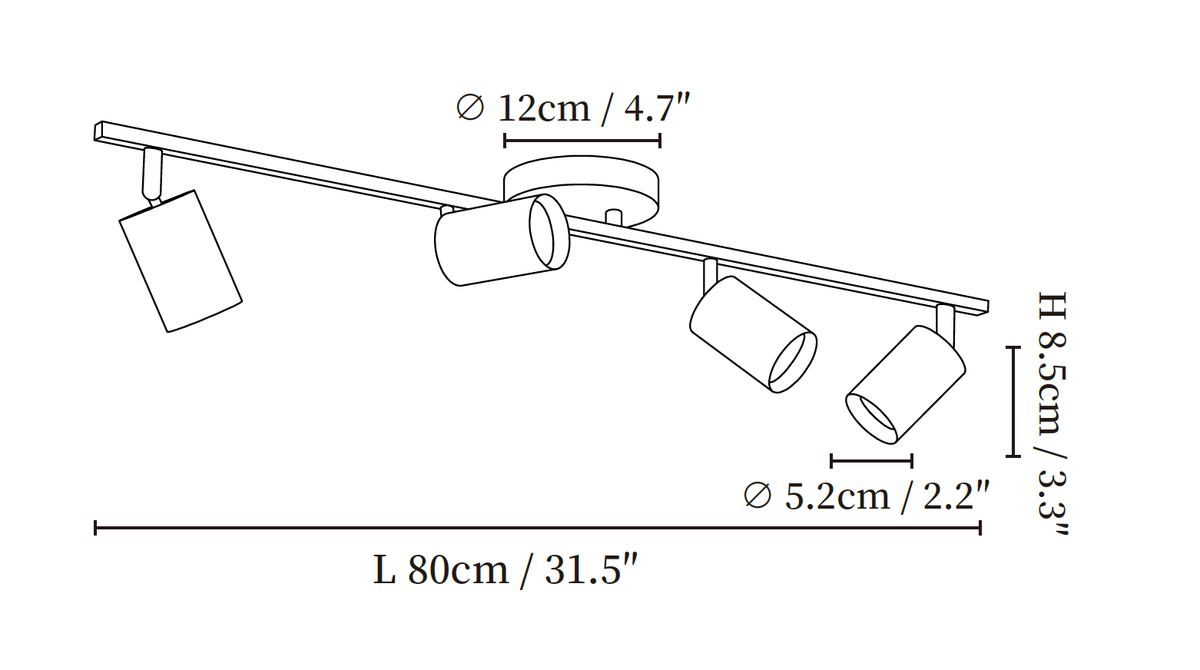 Clérachic ceiling light dimension drawing, 2 of 3, every measurement marked in centimetres and inches.