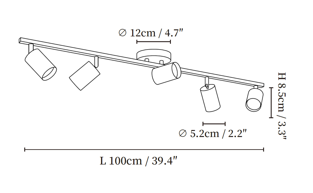 Clérachic ceiling light dimension drawing, 3 of 3, every measurement marked in centimetres and inches.