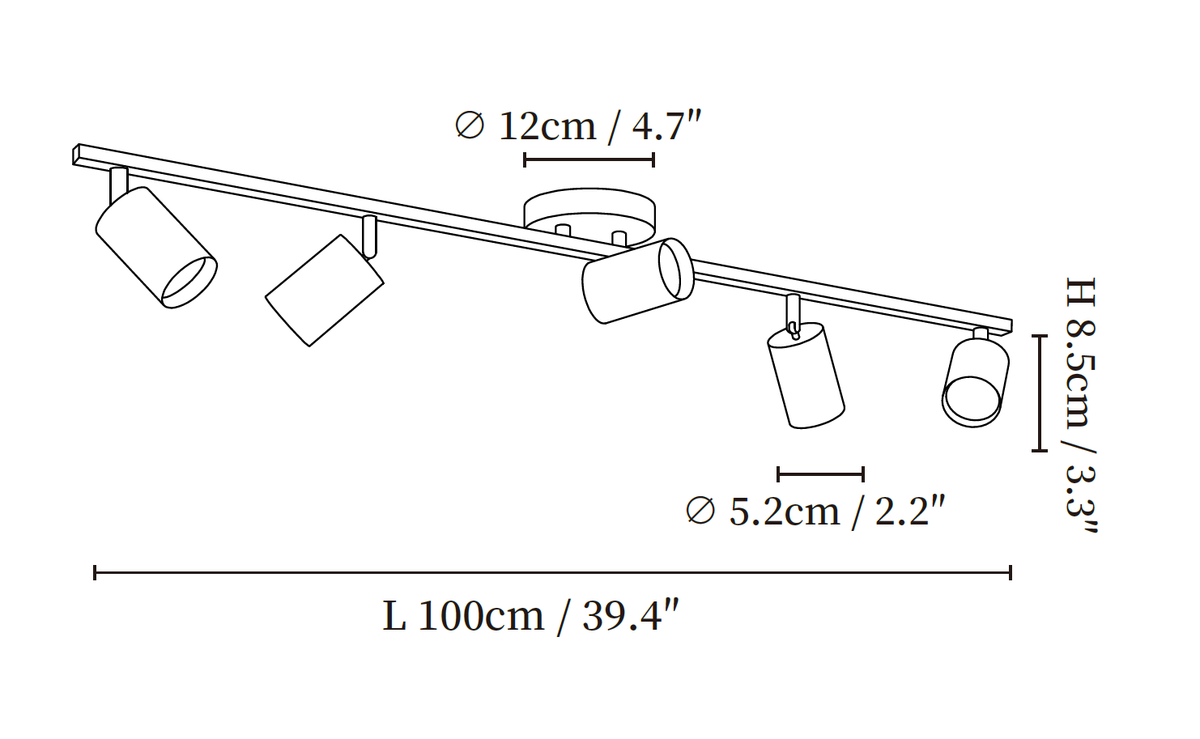 Clérachic ceiling light dimension drawing, 3 of 3, every measurement marked in centimetres and inches.