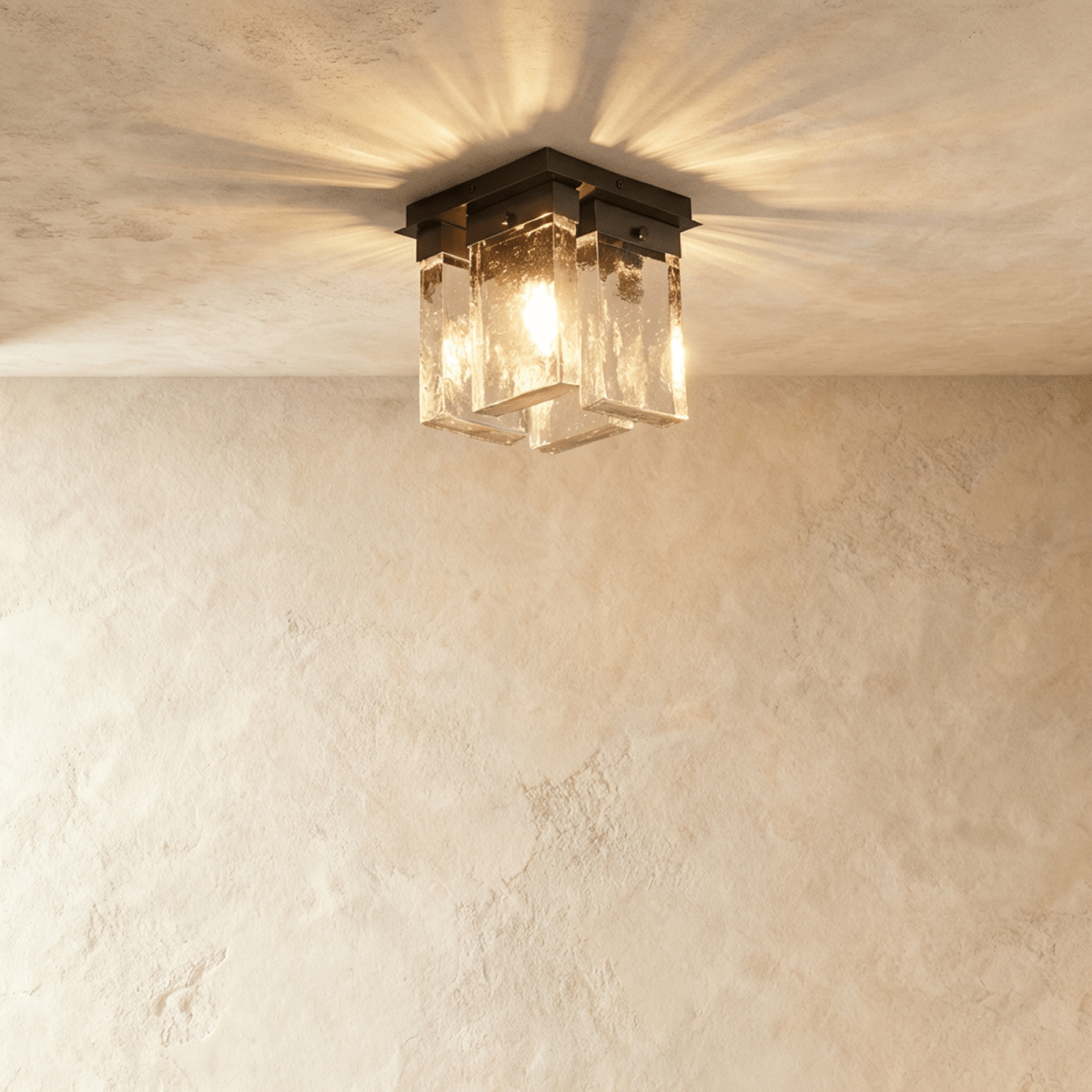 Clérachic flush ceiling light with four bubbled glass panels under a black mount, glowing and casting rays across a plaster ceiling.