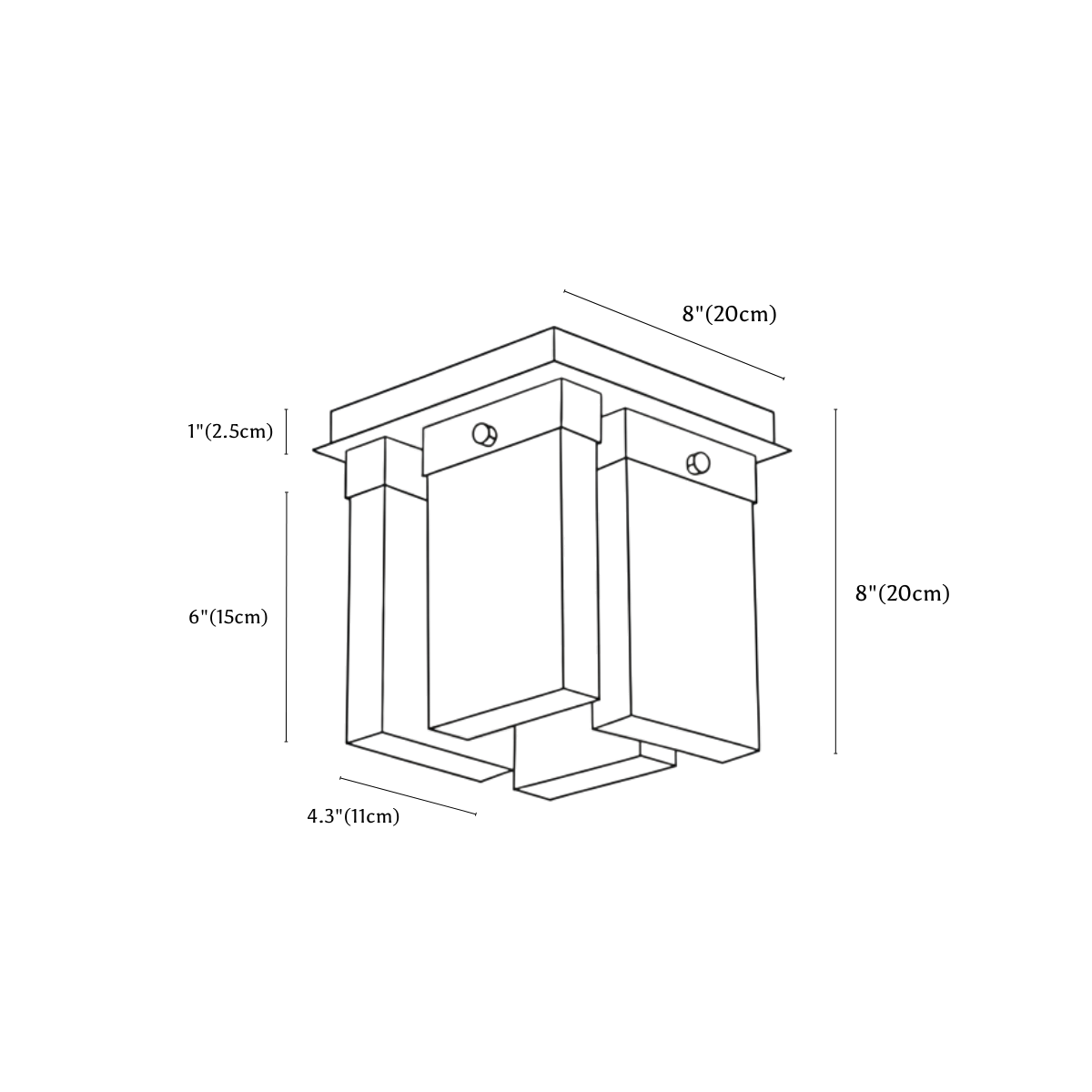 Clérachic ceiling light dimension drawing, every measurement marked in centimetres and inches.
