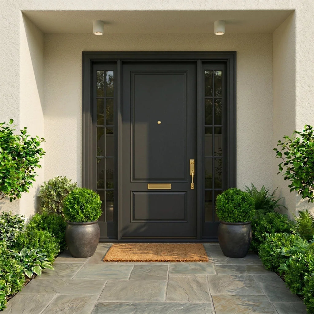 Two Clérachic downlights in white mounted above a front entrance, lighting a dark panelled door and potted topiary.