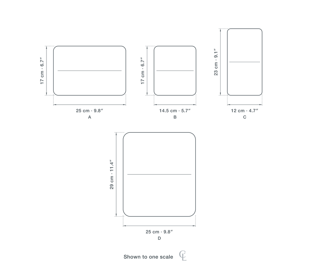 Technical dimension drawing of the Clérachic Black Ceiling Light for Living Room, Hand-Blown Glass, 25 cm in 4 sizes — A at 25 × 17 cm (9.8 × 6.7″), B at 14.5 × 17 cm (5.7 × 6.7″), C at 12 × 23 cm (4.7 × 9.1″), D at 25 × 29 cm (9.8 × 11.4″), drawn to one scale.