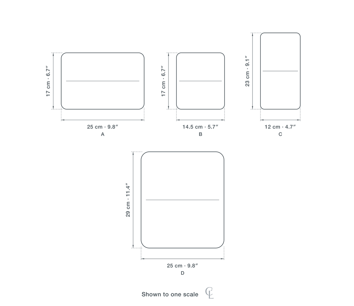Technical dimension drawing of the Clérachic Black Ceiling Light for Living Room, Hand-Blown Glass, 25 cm in 4 sizes — A at 25 × 17 cm (9.8 × 6.7″), B at 14.5 × 17 cm (5.7 × 6.7″), C at 12 × 23 cm (4.7 × 9.1″), D at 25 × 29 cm (9.8 × 11.4″), drawn to one scale.