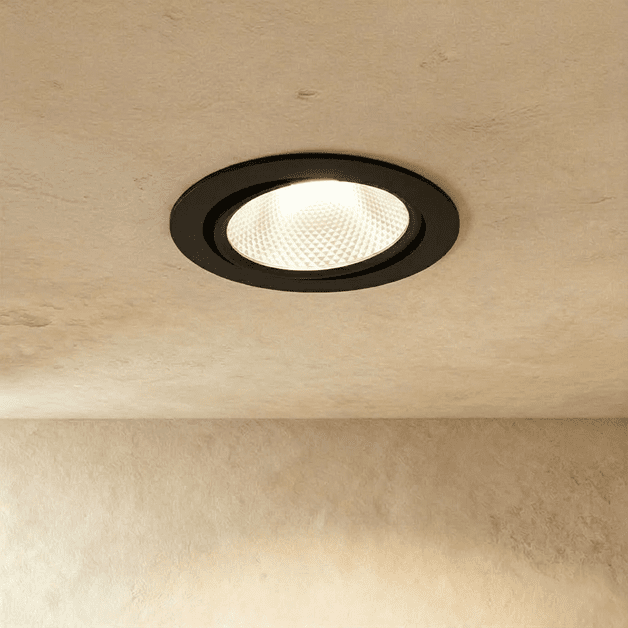 Clérachic downlight in black, its tiltable round trim recessed into the ceiling and glowing warm white.