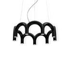 A black tiered-arch Clérachic chandelier, seen from a slightly higher angle, with its lights facing down, on white.
