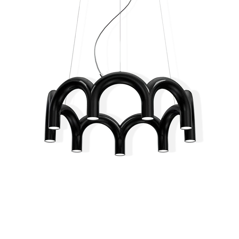 A black tiered-arch Clérachic chandelier, seen from a slightly higher angle, with its lights facing down, on white.