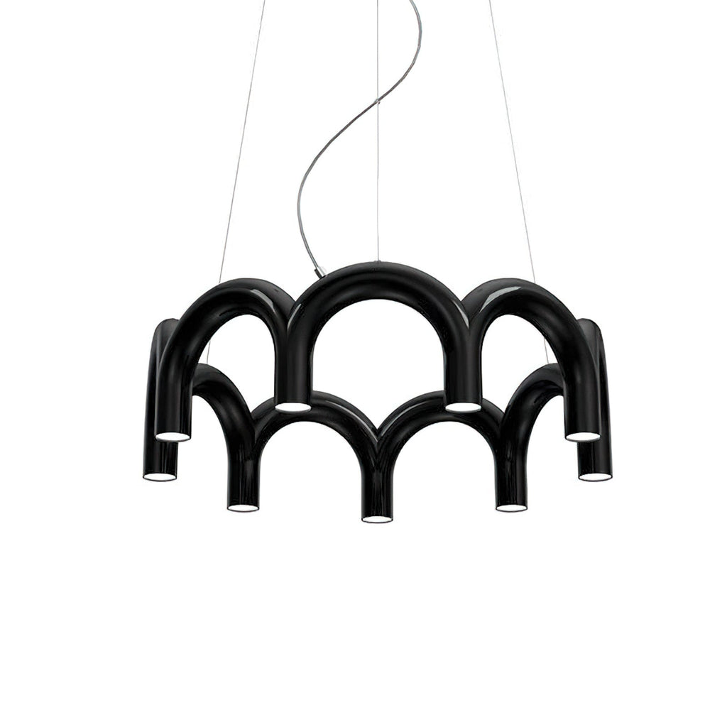 A black tiered-arch Clérachic chandelier with a glossy finish, hung on three cables and a curved cord, on white.